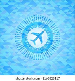 plane icon inside realistic light blue emblem. Mosaic background