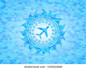 plane icon inside realistic light blue emblem. Mosaic background