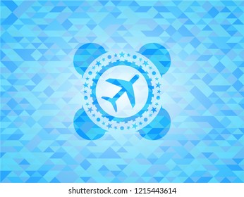 plane icon inside realistic light blue mosaic emblem