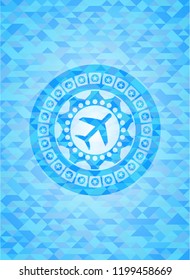 plane icon inside realistic sky blue mosaic emblem