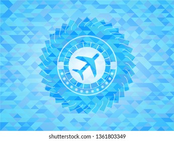 plane icon inside realistic sky blue emblem. Mosaic background