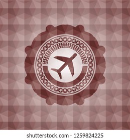 plane icon inside red emblem or badge with abstract geometric polygonal pattern background. Seamless.