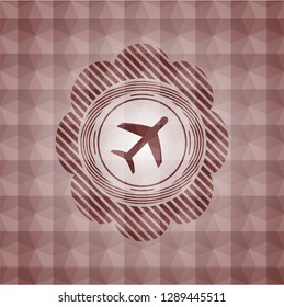 plane icon inside red emblem or badge with abstract geometric pattern background. Seamless.