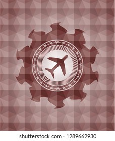 plane icon inside red geometric pattern emblem. Seamless.