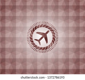 plane icon inside red polygonal badge. Seamless.