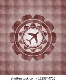 plane icon inside red seamless geometric pattern emblem. Seamless.