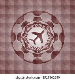 plane icon inside red seamless emblem or badge with geometric pattern background.