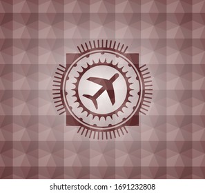 plane icon inside red seamless emblem with geometric pattern.