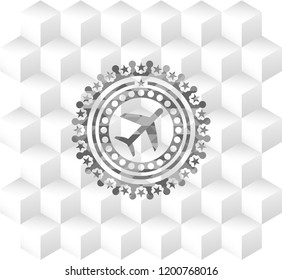 plane icon inside retro style grey emblem with geometric cube white background