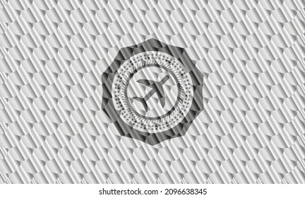plane icon inside silver color badge or emblem. Scales pattern. Vector Illustration. Detailed. 