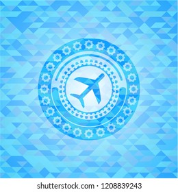 plane icon inside sky blue emblem with mosaic ecological style background