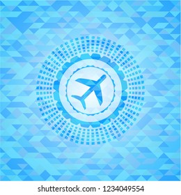 plane icon inside sky blue emblem. Mosaic background