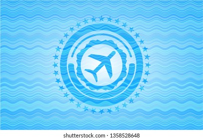 plane icon inside sky blue water badge background.