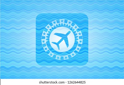 plane icon inside water wave style badge.