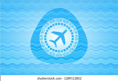 plane icon inside water wave style badge.