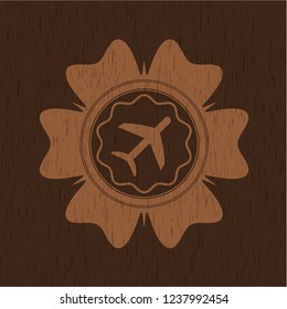 plane icon inside wooden emblem. Vintage.