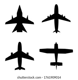 Plane icon. Jet in air. Airplane for travel, cargo, commercial flight. Silhouette of aircraft. Aeroplane fly from airport. Set of black airliners. Symbol airline, aviation and transport. Vector.