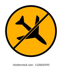 Plane icon. not allowed, black object in warning sign with orange background color
