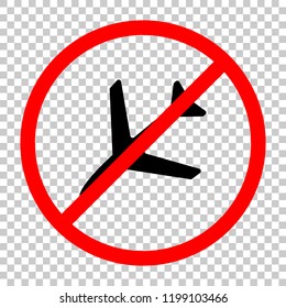 Plane icon. Not allowed, black object in red warning sign with transparent background