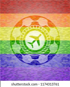 plane icon on mosaic background with the colors of the LGBT flag