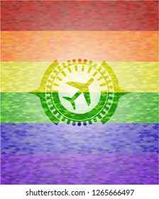 plane icon on mosaic background with the colors of the LGBT flag