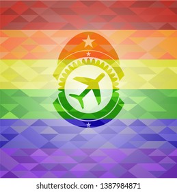plane icon on mosaic background with the colors of the LGBT flag