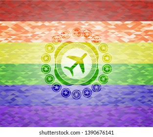plane icon on mosaic background with the colors of the LGBT flag