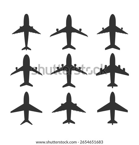 Plane Icon Pack. Top View Aircraft Vector Set. Airline and Airport Travel Symbols. Aviation Graphic Design