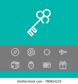 Plane icon with play, box and strawberry editable symbols. Set of play button, solar, surprise icons and start concept. Editable vector elements for logo web mobile app UI design.