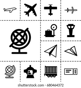 Plane icon. set of 13 filled and outline plane icons such as airport tower, lugagge weight, paper airplane, globe, cargo trailer, luggage compartment in airplane