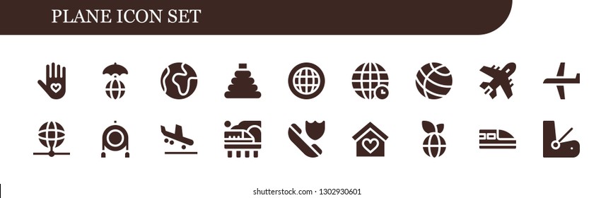  plane icon set. 18 filled plane icons.  Simple modern icons about  - Insurance, World, Toy, Globe, Earth globe, Plane, Earth, Arrival, Train, Seat