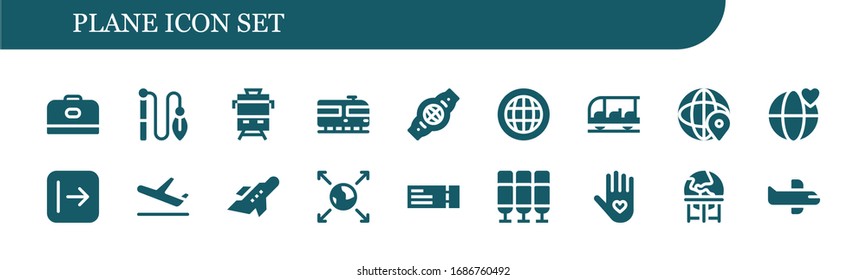 plane icon set. 18 filled plane icons. Included Carrier, Toy, Train, Belt, Globe, Transportation, World, Send, Plane, Aeroplane, Earth globe, ticket, Seat, Insurance icons