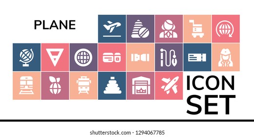  plane icon set. 19 filled plane icons. Simple modern icons about  - Take off, Globe, Train, World, Toy, Hangar, Plane, Earth, ticket, Seat belt, Stewardess, Toys, Carrier