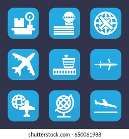 Plane icon. set of 9 filled plane icons such as airport, airport tower, globe