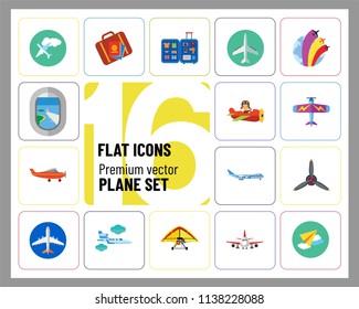 Plane Icon Set. Air Show Paper Plane Flying Machine Airplane Propeller Big Aircraft Jet Aeroplane Kids Plane Old Aeroplane Target Plane Window Airplane Front View Hang-glider