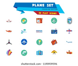 Plane Icon Set. Air Show Paper Flying Plane Big Jet Airplane Propeller Kids Light Old Target Plane Window Airplane Front View Hang-glider Aircraft