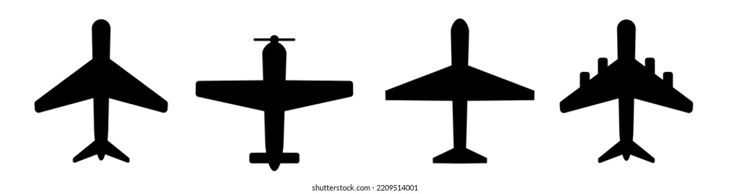 Conjunto de iconos de plano. Juego de iconos de la vista superior de la aeronave. Conjunto de aviones de silueta negra, jets, aviones e iconos de aviones retro. Avión, aeropuerto, conjunto de iconos de la aeronave. Ilustración de viaje. 