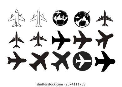 Plane icon set. Aircraft's flat style. Airplane icon vector. Flight transport symbol. Travel illustration. plane, airplane, vehicle, airport, flight, plane landing and take off, from side and front 