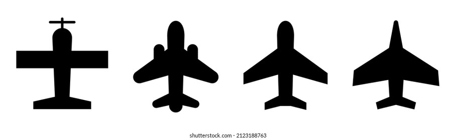 Conjunto de iconos de plano. Avión en línea. Símbolo Jet en negro. Avión civil glifo y luchador. Icono de la aeronave. Jet en juego de glifos. Ilustración vectorial de material.
