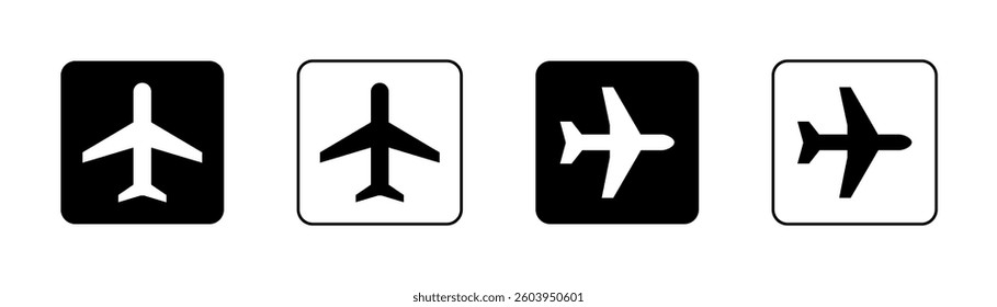 Plane icon set, airplane symbol. Airplane mode icon black and white square in round shape. Flight transport sign, travel flat aircraft icon isolated on a transparent background, vector illustration.