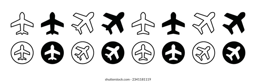 Plane icon set. Airplane travel insurance icons. Flight transport symbol in line and flat style on white background with editable stroke for apps and websites. Vector illustration