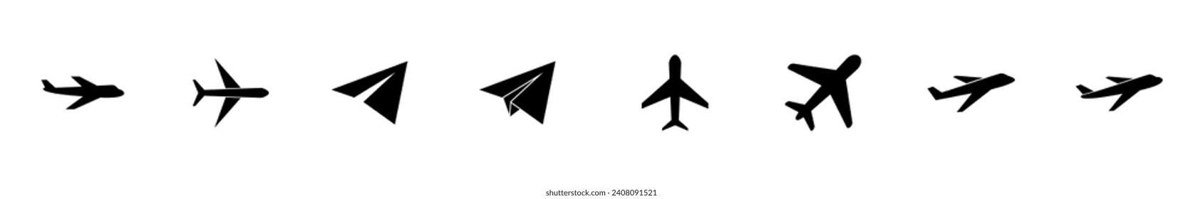 Conjunto de iconos de plano. Vector de icono del avión. Símbolo de transporte de vuelo. Ilustración de viaje. Símbolo de vacaciones