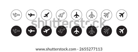 Plane icon set. Plane airport round icon. plane icon in round shape. Airplane icon vector. EPS 10