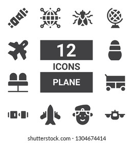 plane icon set. Collection of 12 filled plane icons included Airplane, Militar, Seat belt, Miscellaneous, Seats, Toy, World, Earth globe, Aviation, Fly