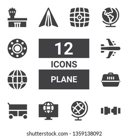 plane icon set. Collection of 12 filled plane icons included Safety belt, Earth globe, World, Miscellaneous, Carrier, Airplane, Paper plane, Earth, Transport, Airport, Vehicle