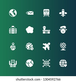 plane icon set. Collection of 16 filled plane icons included World, Earth, Earth globe, Aviation, Militar, Airport, Custom, Transport, Airplane, Train, Send