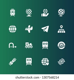 plane icon set. Collection of 16 filled plane icons included Earth, World, Train, Seat belt, Hacksaw, Earth globe, Telegram, Airplane