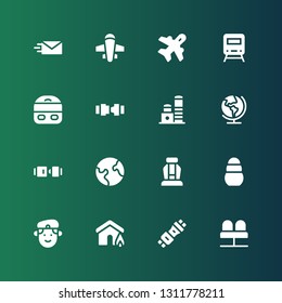 plane icon set. Collection of 16 filled plane icons included Seats, Seat belt, Insurance, Militar, Toy, Seat, Earth, Safety belt, Train, Aviation, Airplane, Send