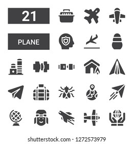 plane icon set. Collection of 21 filled plane icons included World, Airplane, Pilot, Earth globe, Paper plane, Fly, Transport, Telegram, Insurance, Seat belt, Seatbelt, Toy, Landing