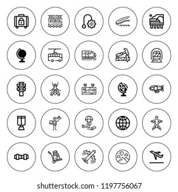 Plane icon set. collection of 25 outline plane icons with baggage, blimp, carpenter, control tower, earth globe, flight information, fly, logistic icons. editable icons.